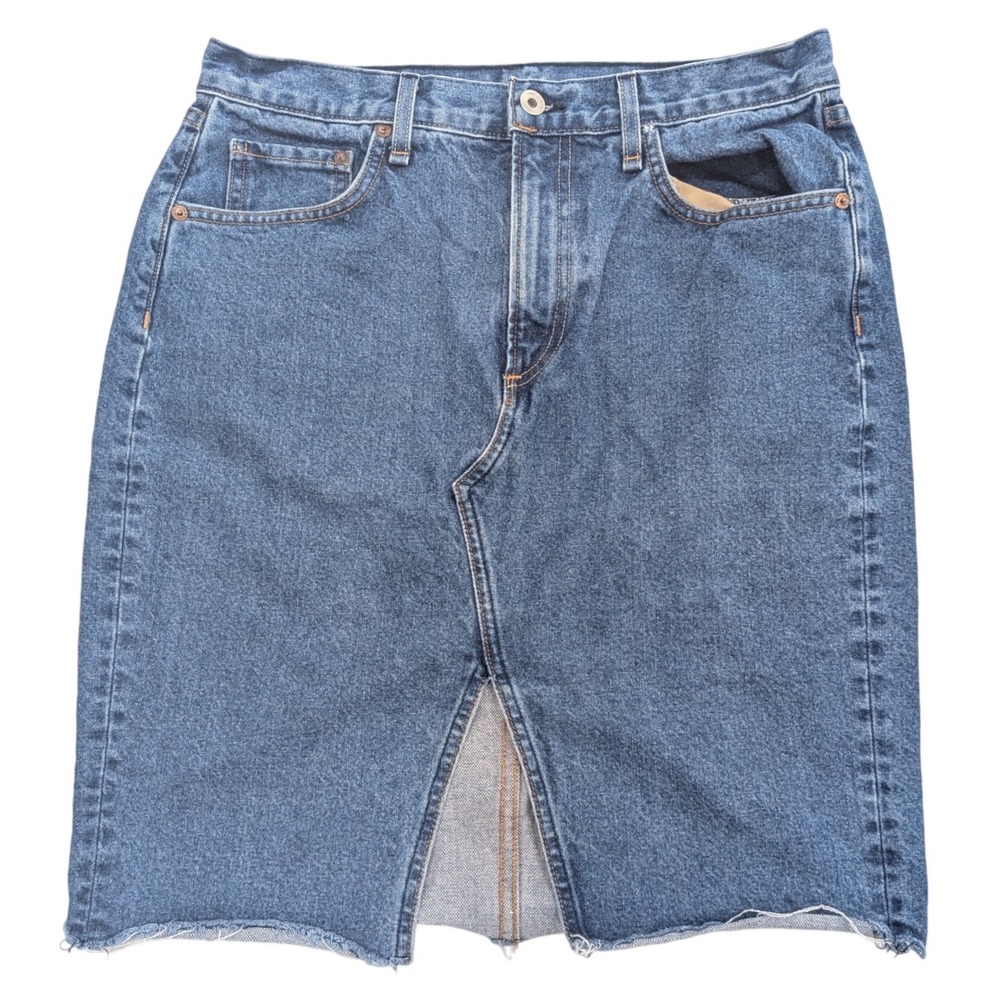 $185 RAG & BONE Denim Midi Skirt Vtg Bloo Raw Hem Front Slit 29 Premium Designer